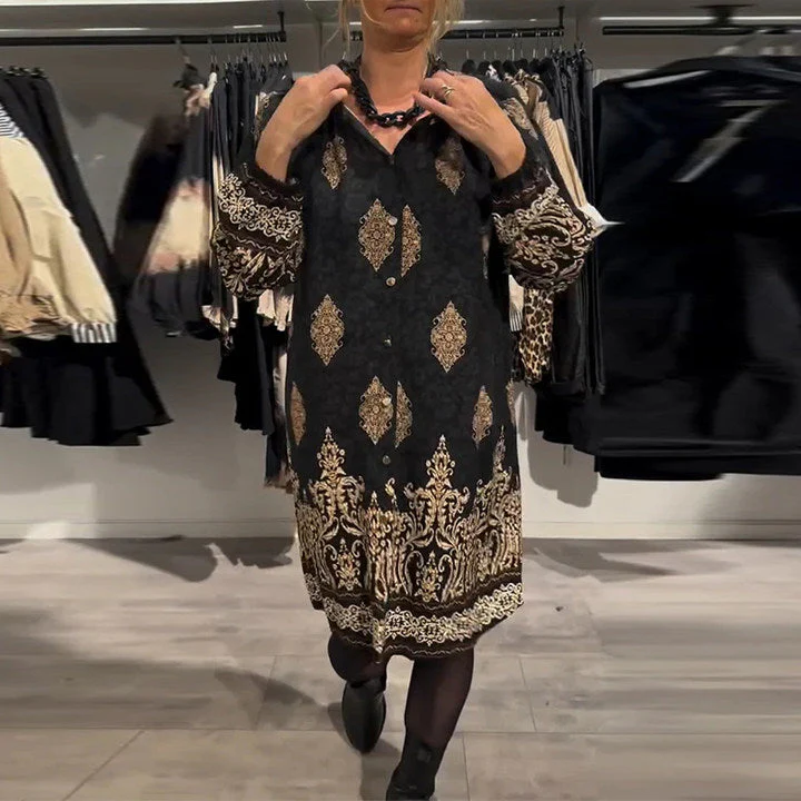 Lapel Button Down Vintage Print Dress - Image 39