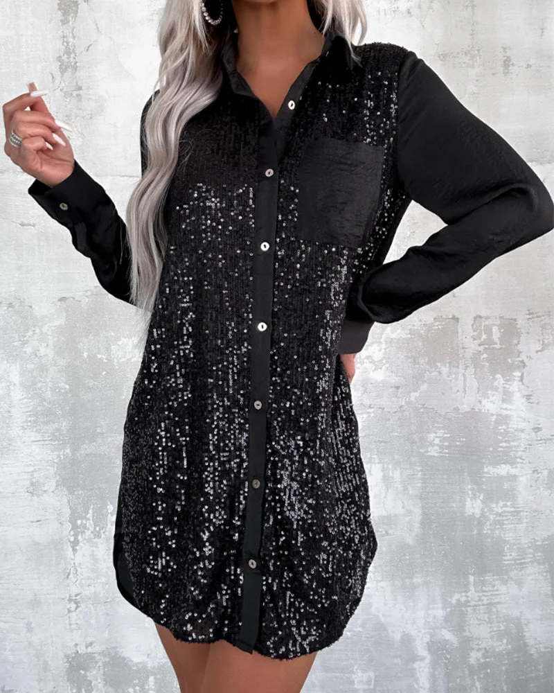 Lapel Button Sequined Shirt - Image 3