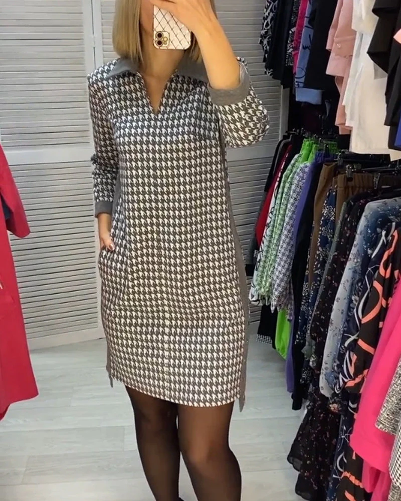 Lapel Dress with Pocket and Plaid - Image 12