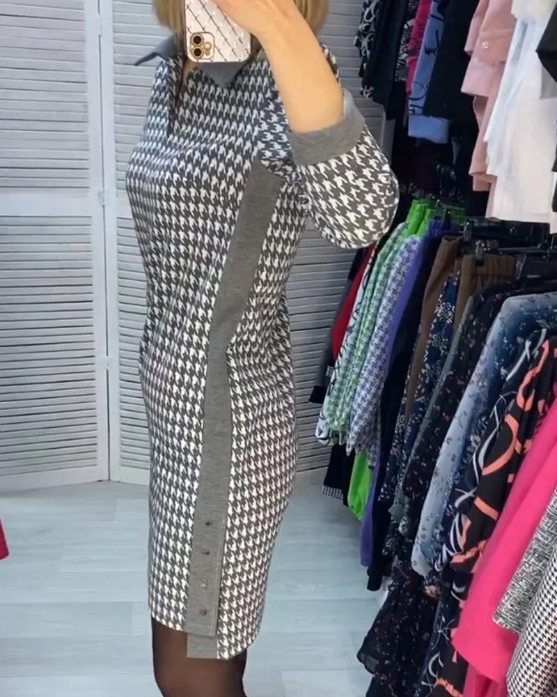 Lapel Dress with Pocket and Plaid - Image 13