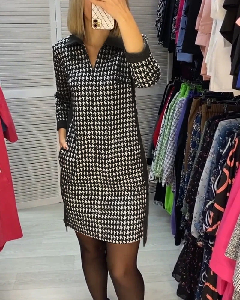 Lapel Dress with Pocket and Plaid - Image 25