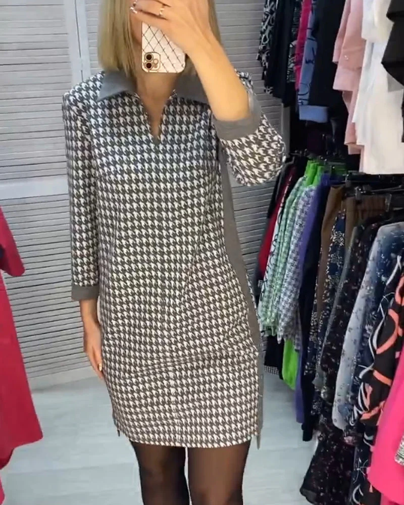 Lapel Dress with Pocket and Plaid - Image 4