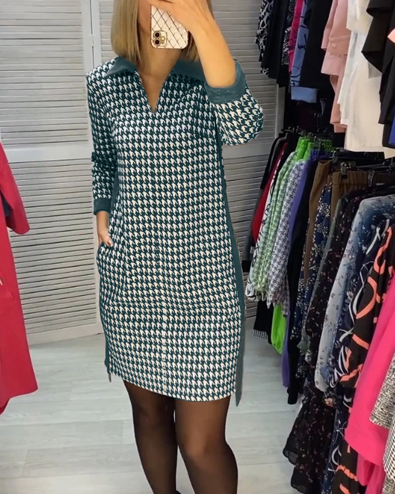 Lapel Dress with Pocket and Plaid - Image 7