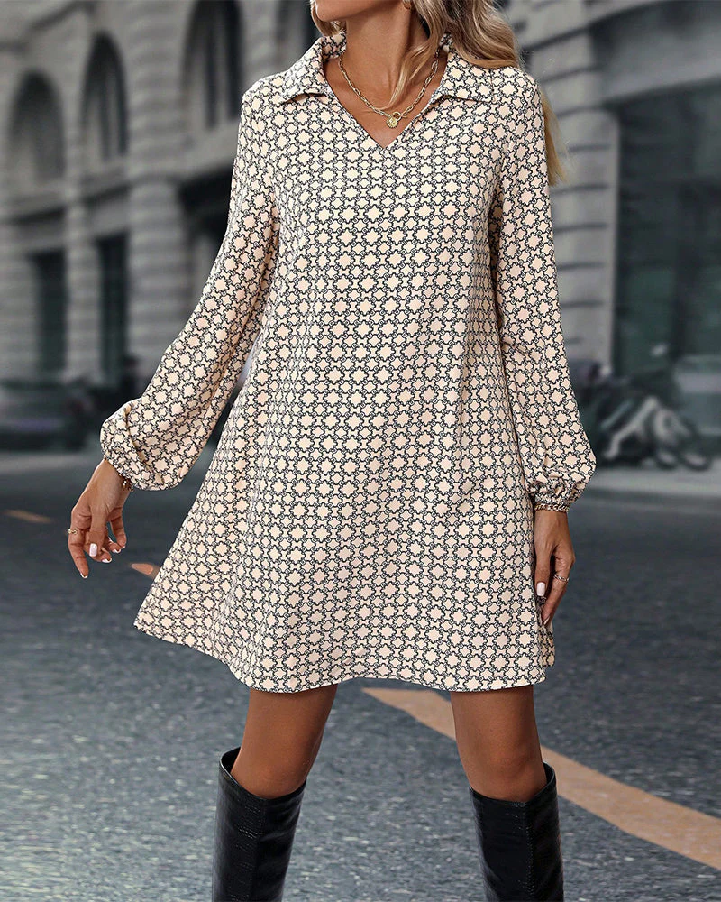Lapel Long Sleeve Printed Dress - Image 22