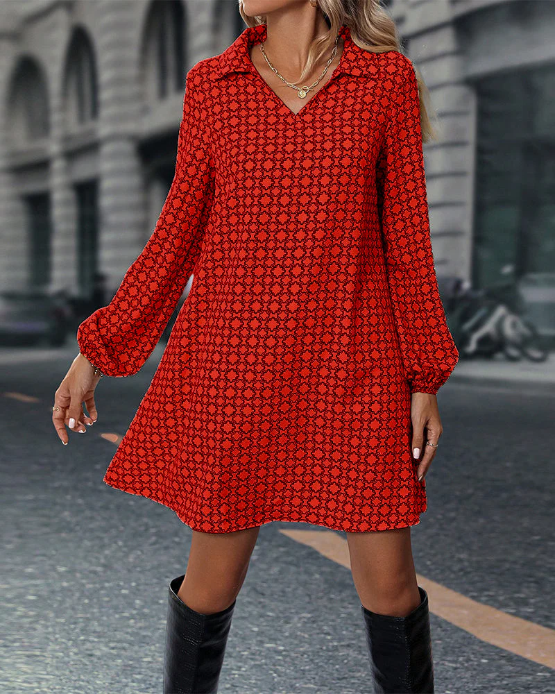 Lapel Long Sleeve Printed Dress - Image 28