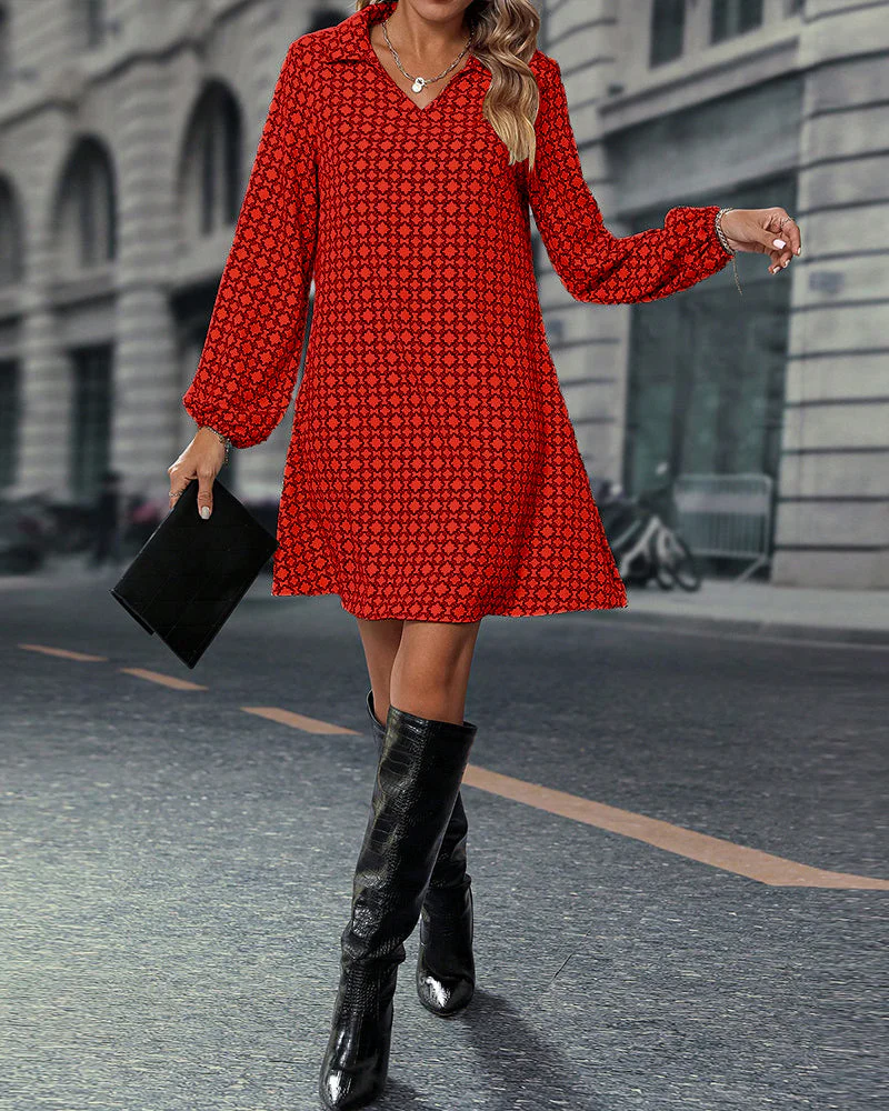 Lapel Long Sleeve Printed Dress - Image 29