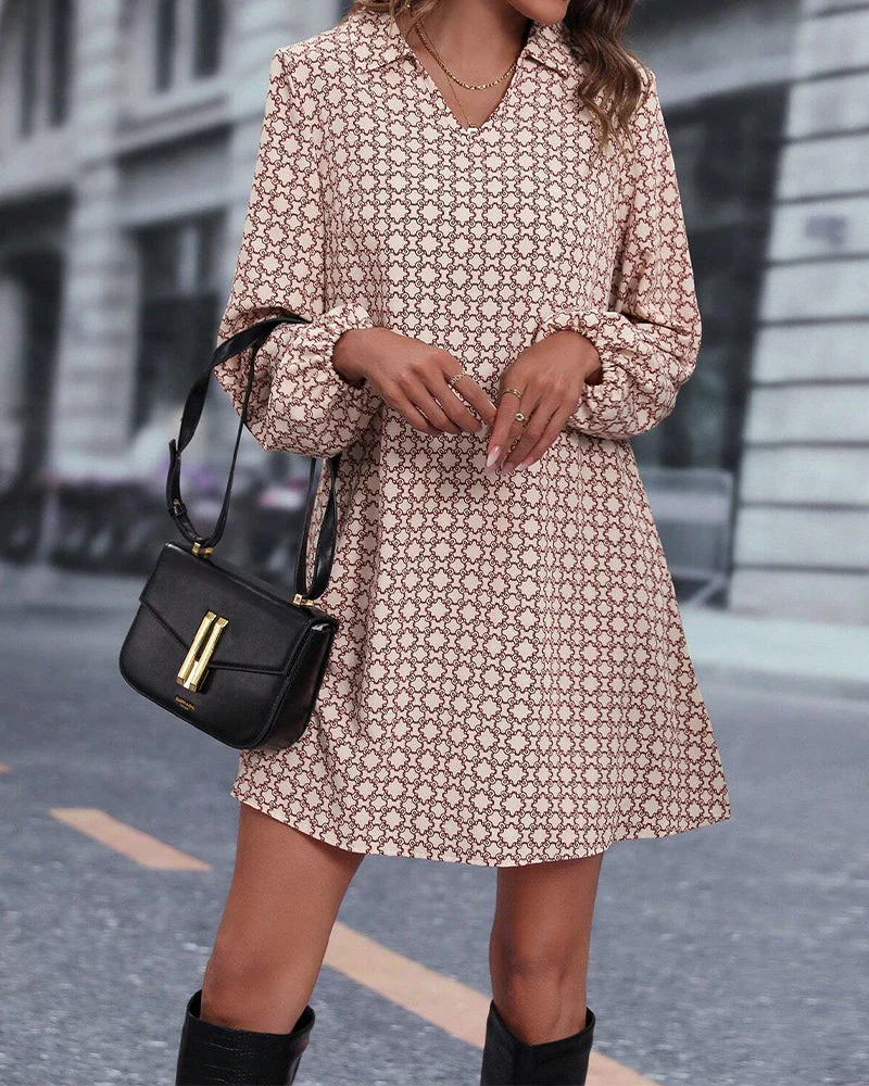 Lapel Long Sleeve Printed Dress - Image 40