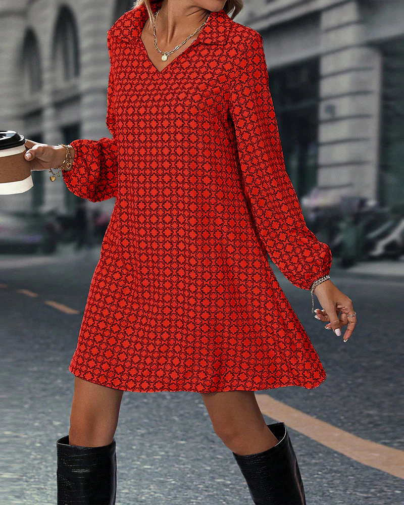 Lapel Long Sleeve Printed Dress - Image 49
