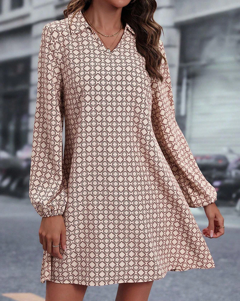 Lapel Long Sleeve Printed Dress - Image 58