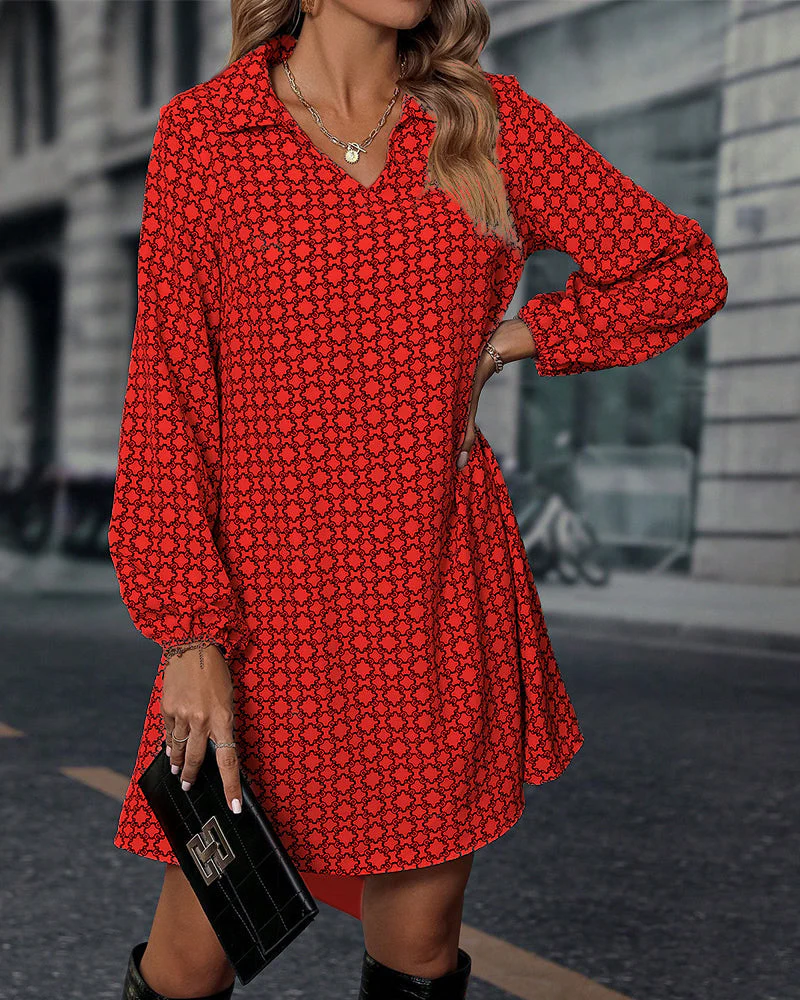 Lapel Long Sleeve Printed Dress - Image 7