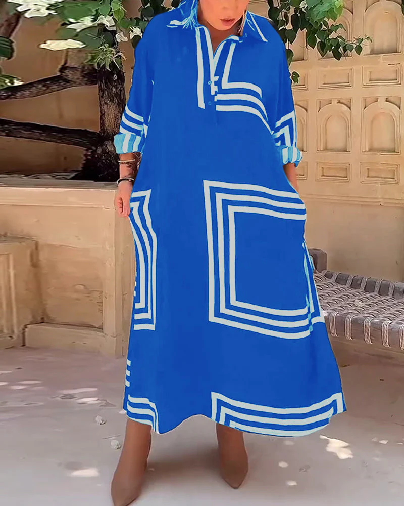 Lapel rectangular printed casual dress - Image 7