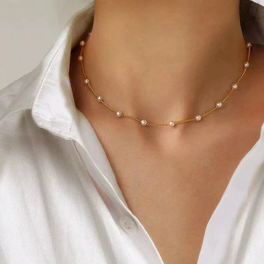 Layered Gold Necklace with Pearl Accent