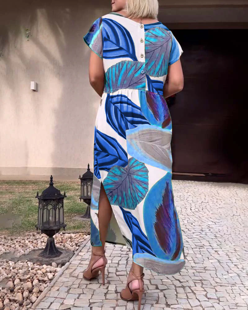 Leaf print short sleeve slit dress - Image 15
