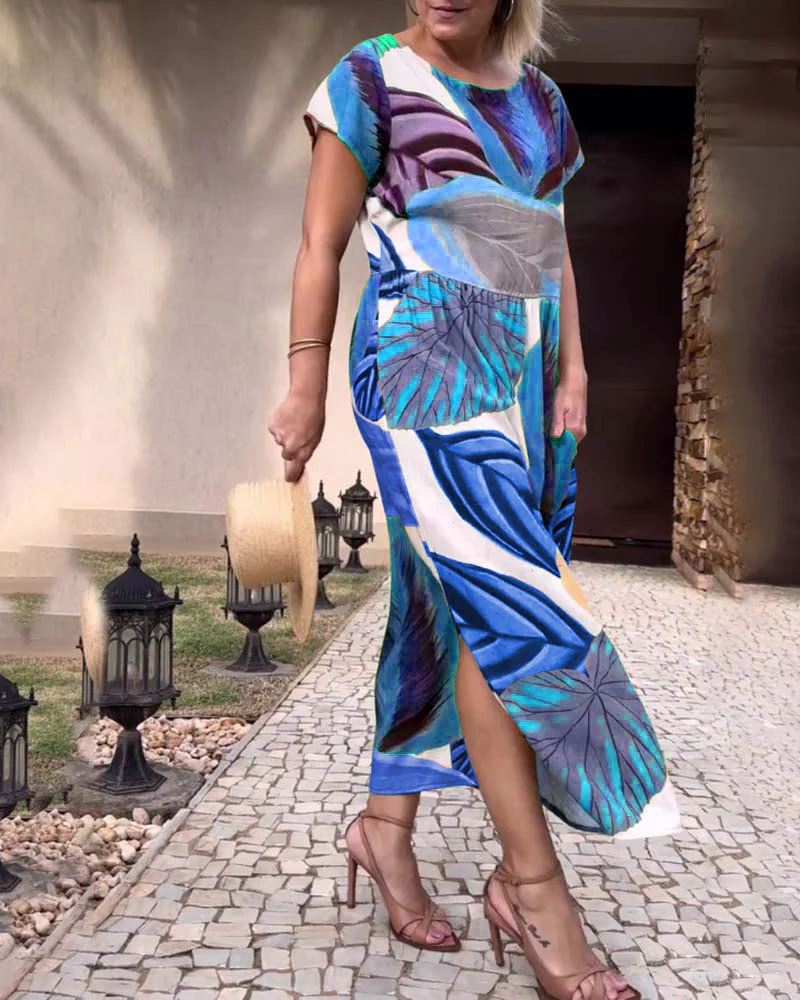 Leaf print short sleeve slit dress - Image 28