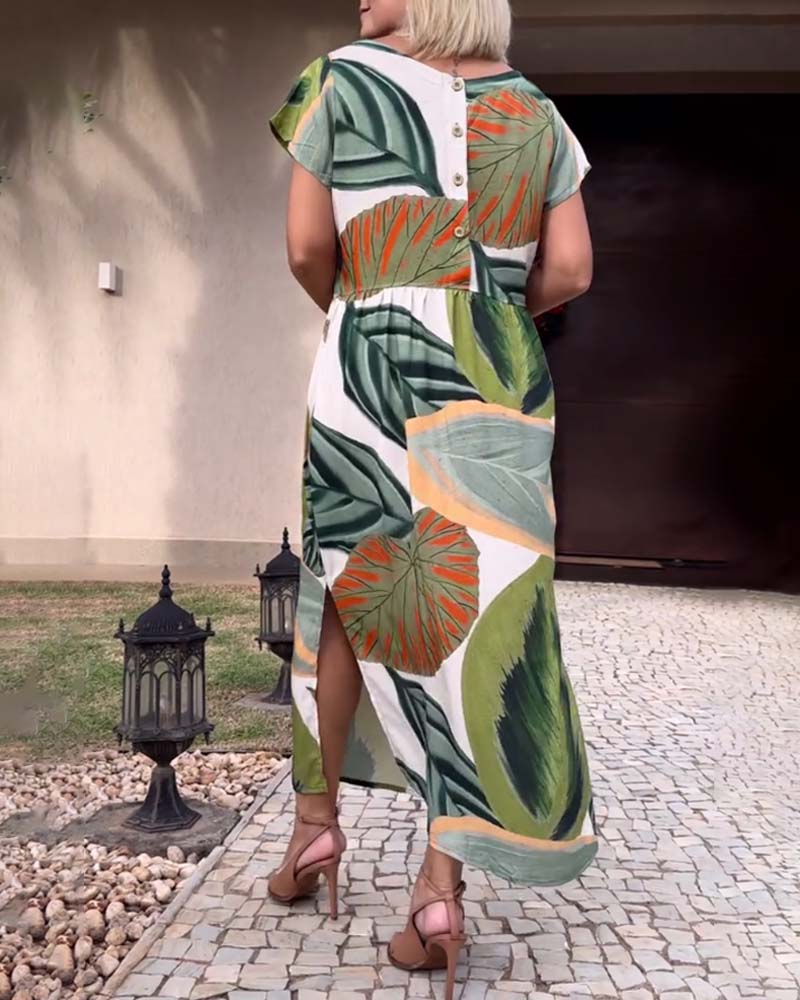 Leaf print short sleeve slit dress - Image 9