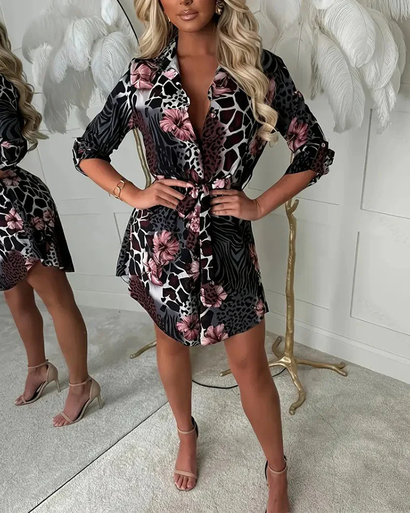 Leopard Floral Printed Shirt Dress - Image 2