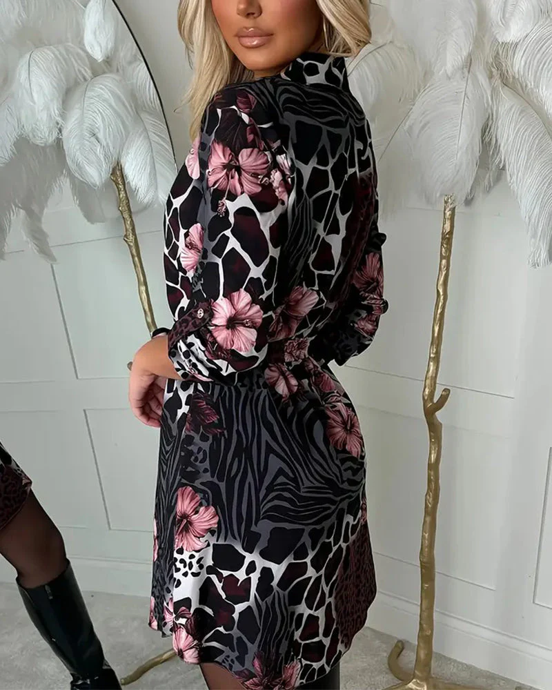 Leopard Floral Printed Shirt Dress - Image 3