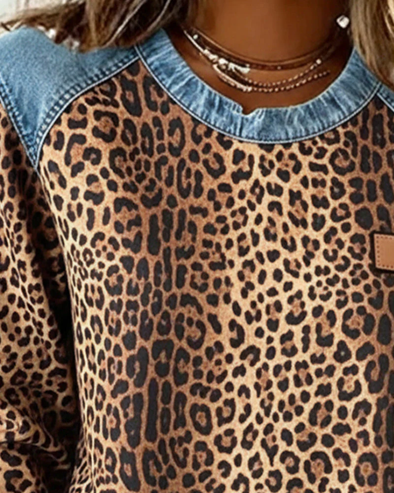 Leopard Print Denim Patchwork Sweatshirt - Image 3