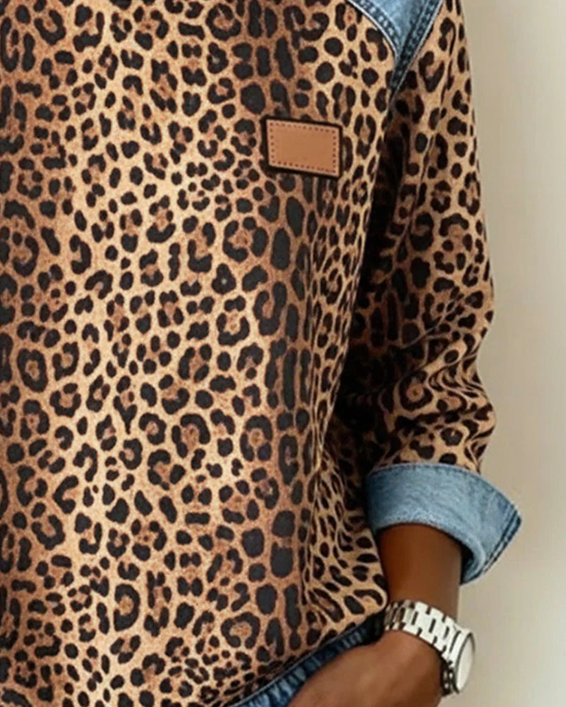 Leopard Print Denim Patchwork Sweatshirt - Image 4