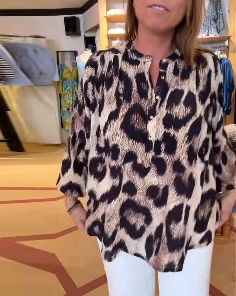 Leopard Print Half Button Blouse - Image 2