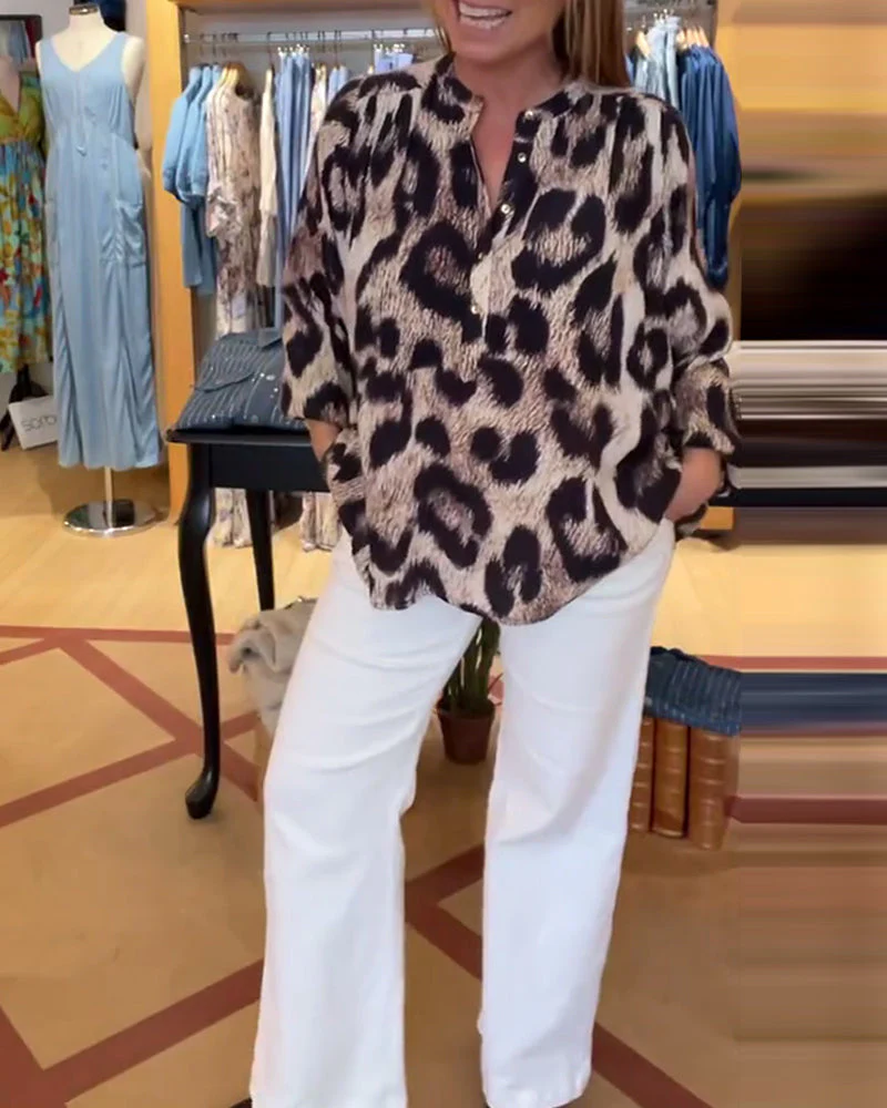 Leopard Print Half Button Blouse - Image 3