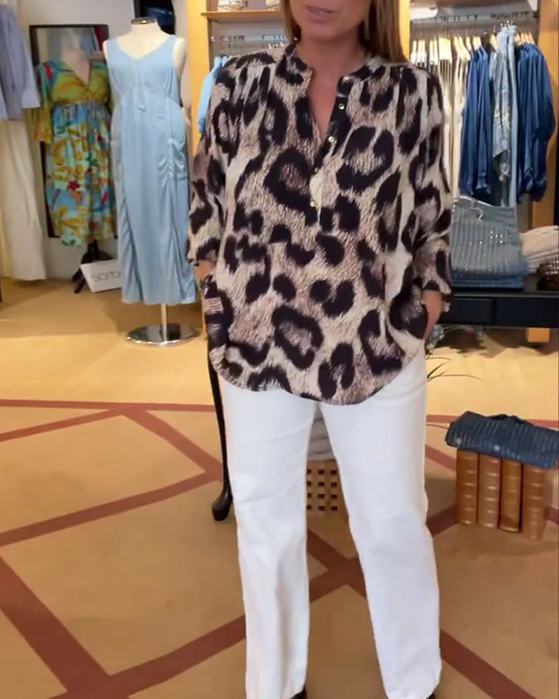 Leopard Print Half Button Blouse - Image 4