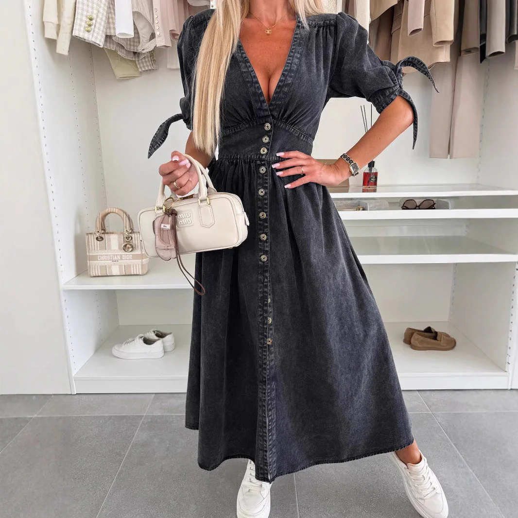 Long Denim Dress with V-Neck - Image 14