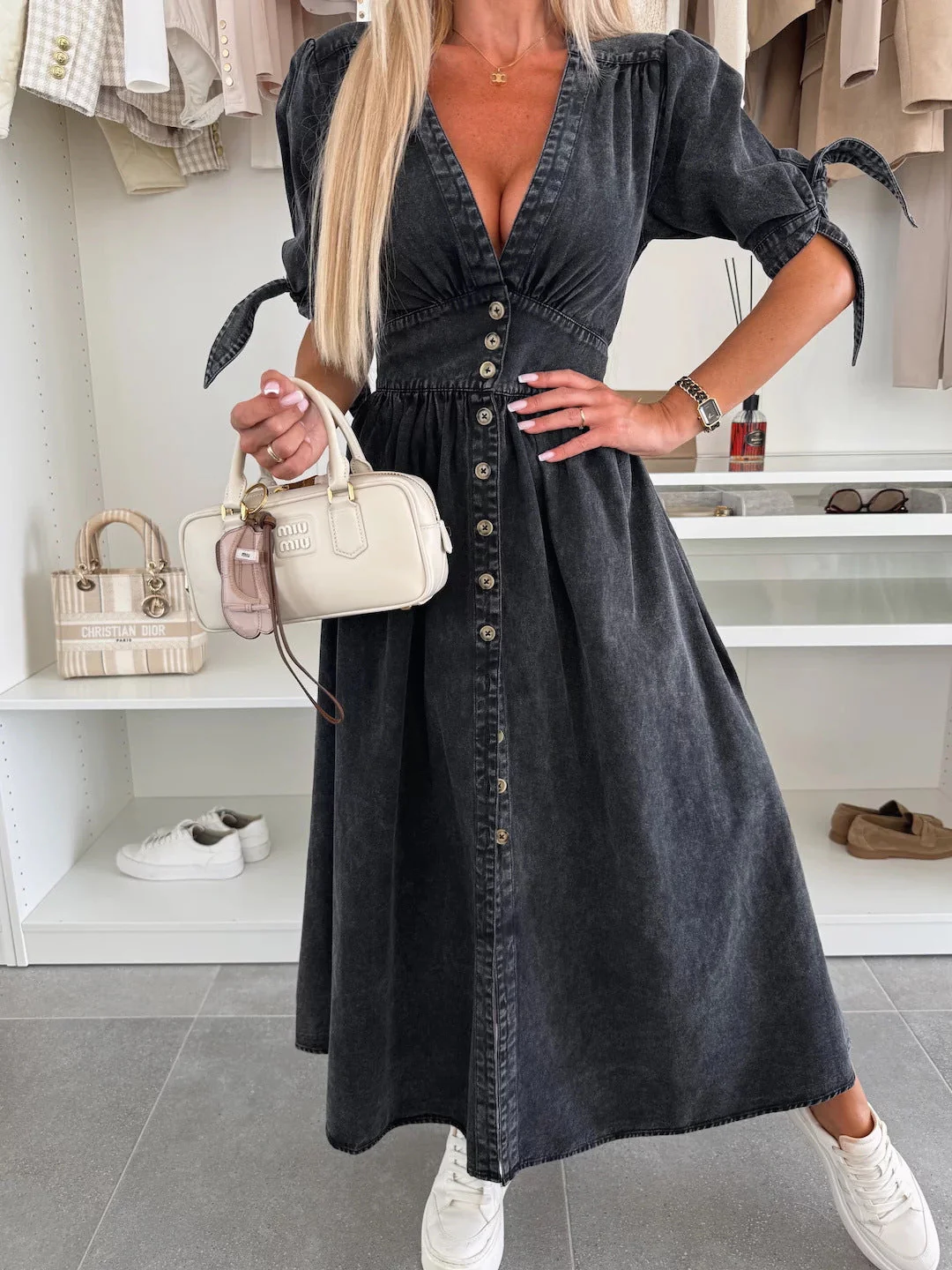 Long Denim Dress with V-Neck - Image 17