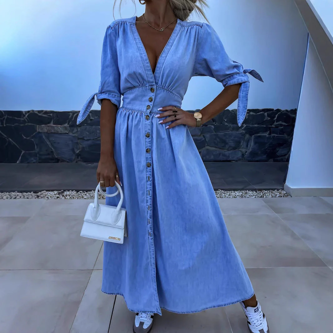 Long Denim Dress with V-Neck - Image 24