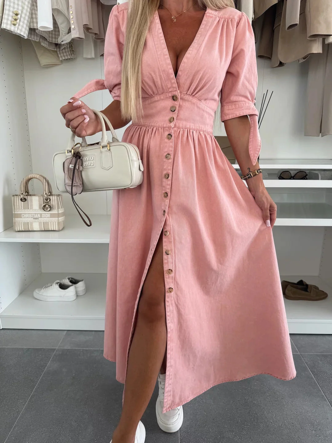 Long Denim Dress with V-Neck - Image 28