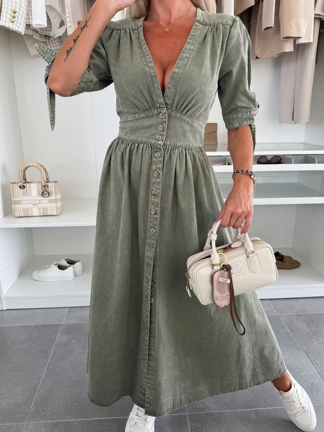 Long Denim Dress with V-Neck - Image 29