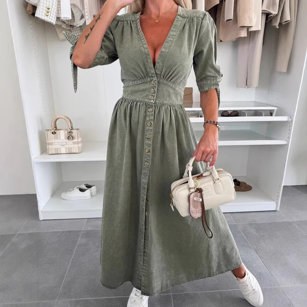 Long Denim Dress with V-Neck - Image 3