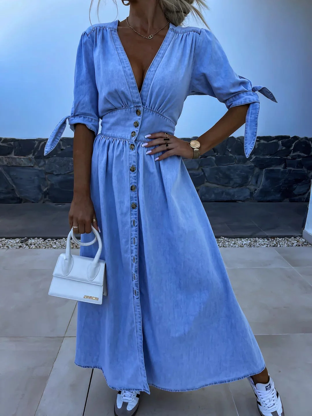 Long Denim Dress with V-Neck - Image 8