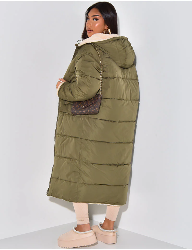 Long Puffer Coat with Fleece Lining and Hood - Image 5