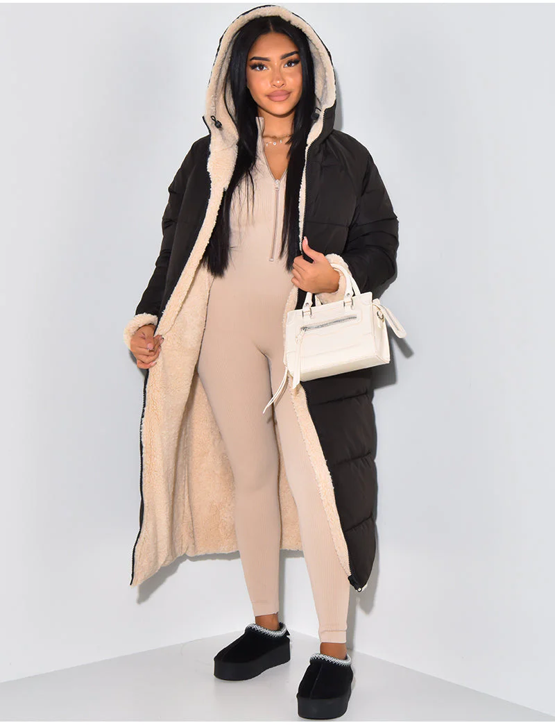 Long Puffer Coat with Fleece Lining and Hood - Image 9