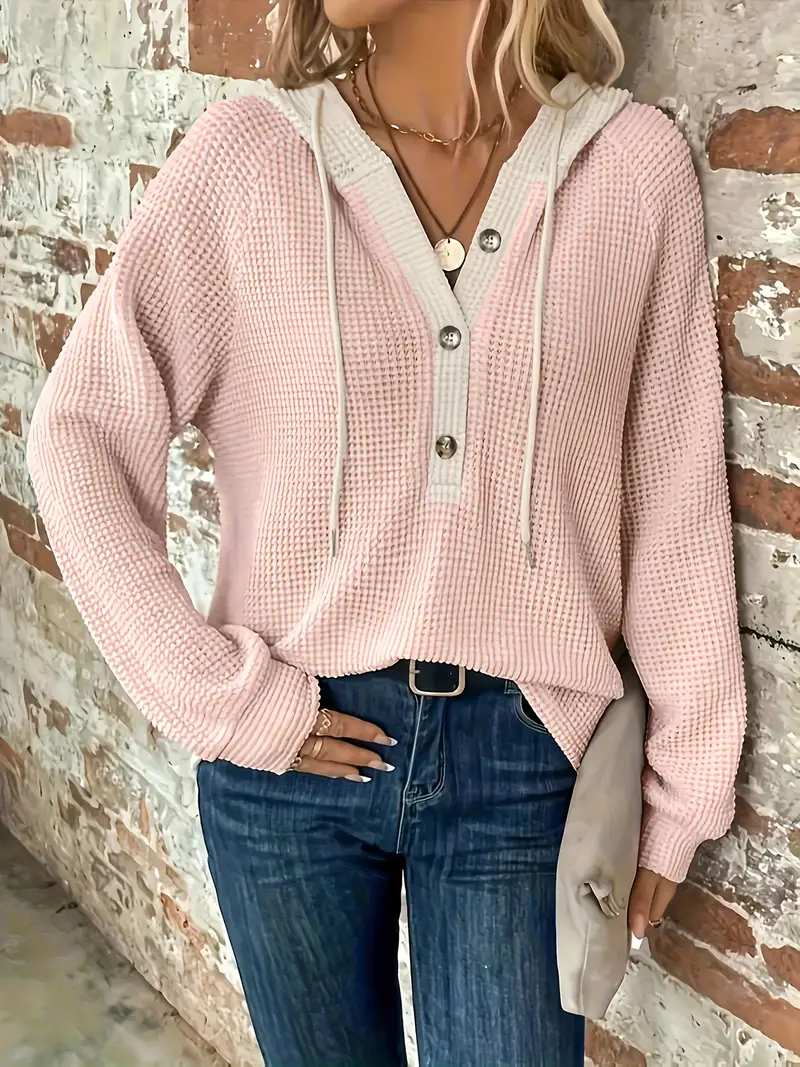 Long Sleeve Button Front Drawstring Hoodie - Image 7