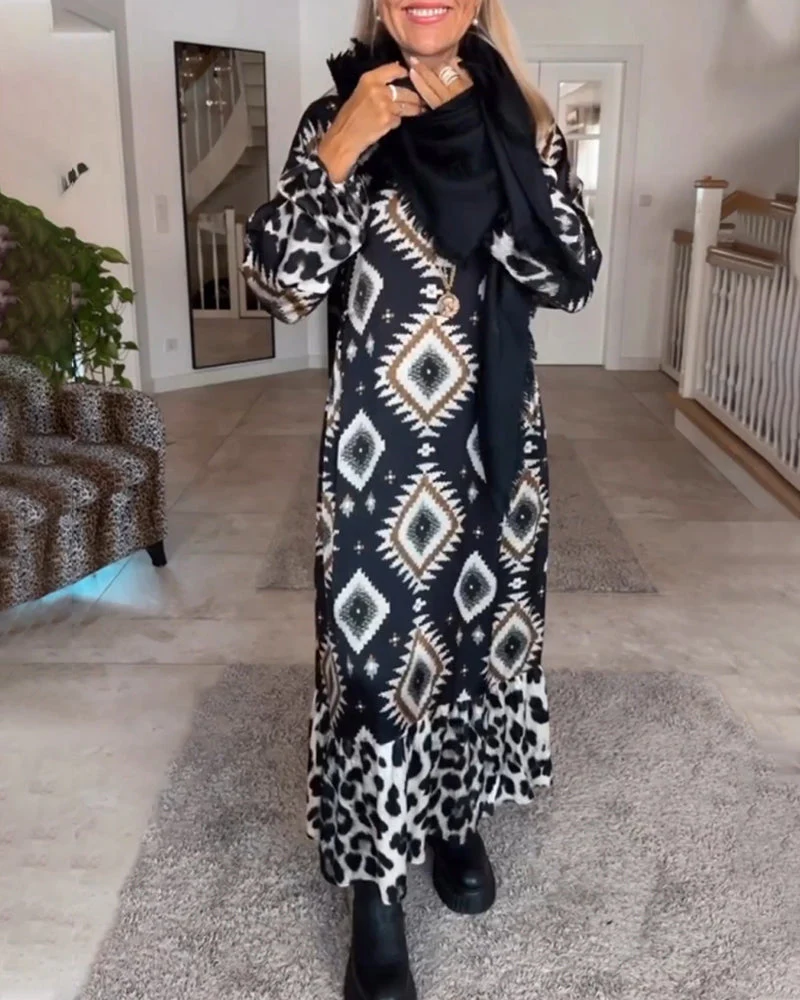 Long Sleeve Geometric Print Dress - Image 27