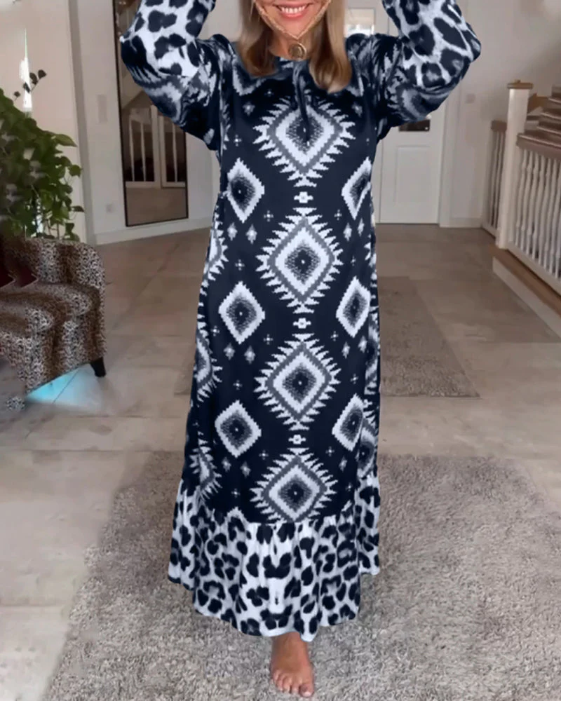 Long Sleeve Geometric Print Dress - Image 33