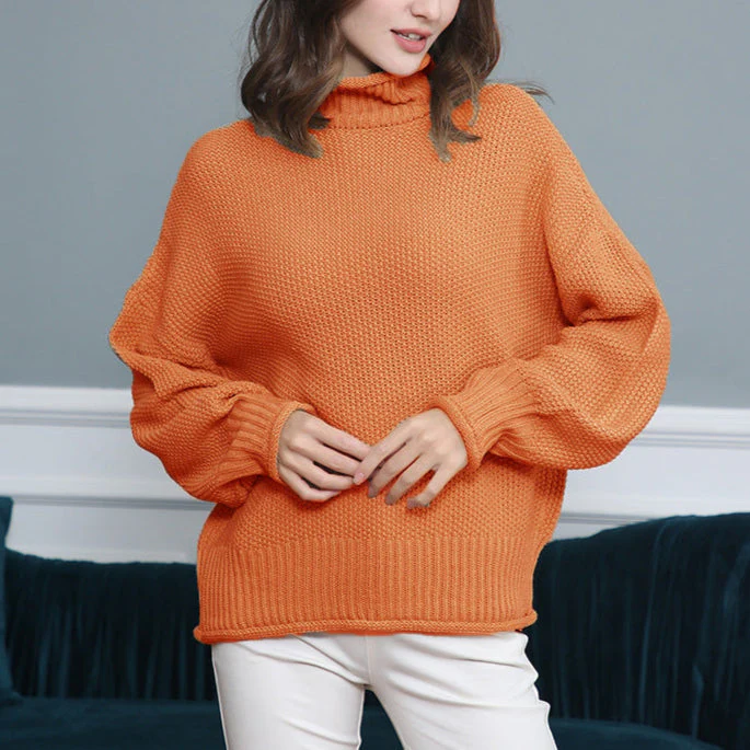 Long Sleeved High Collar Solid Color Knitted Sweater - Image 14