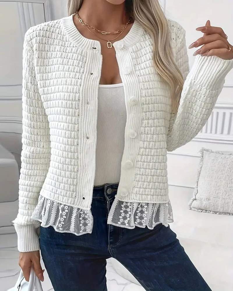 Long-Sleeved Lace-Paneled Sweater Coat - Image 2