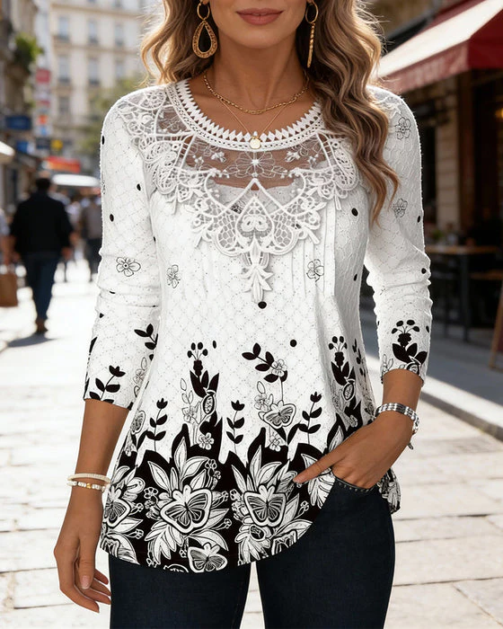 Long-Sleeved Patchwork Printed Top