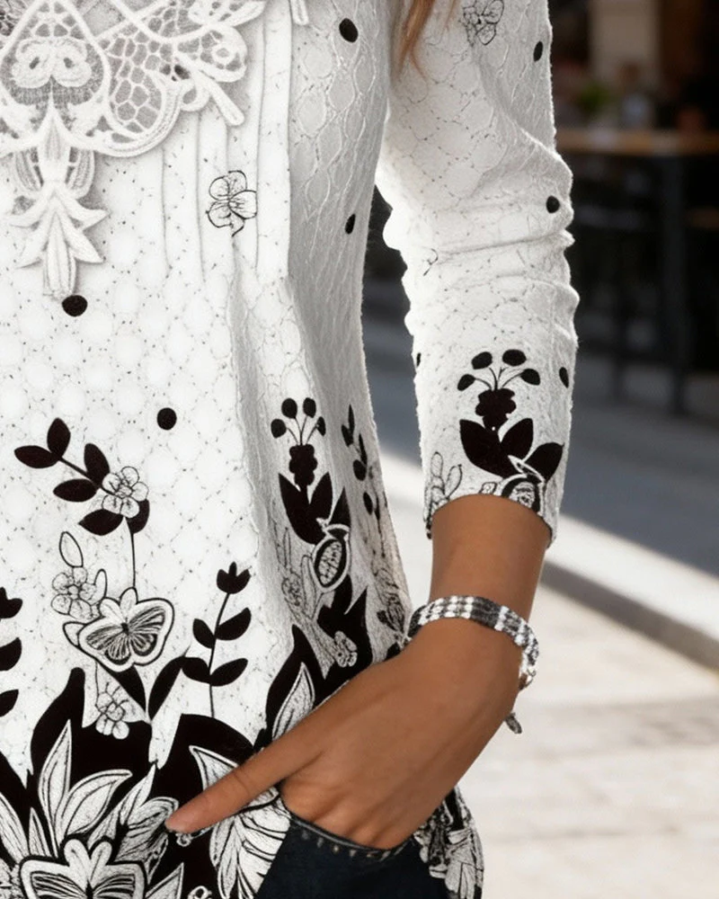 Long-Sleeved Patchwork Printed Top - Image 2