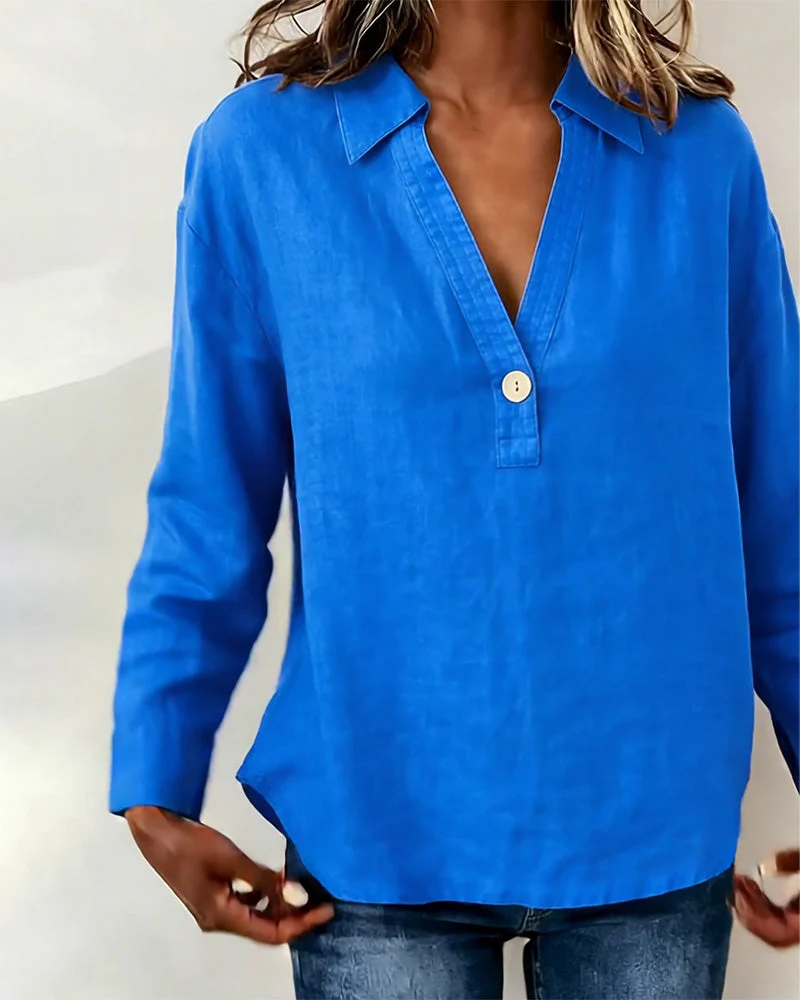 Long-Sleeved Solid-Color Button-Down Blouse - Image 2