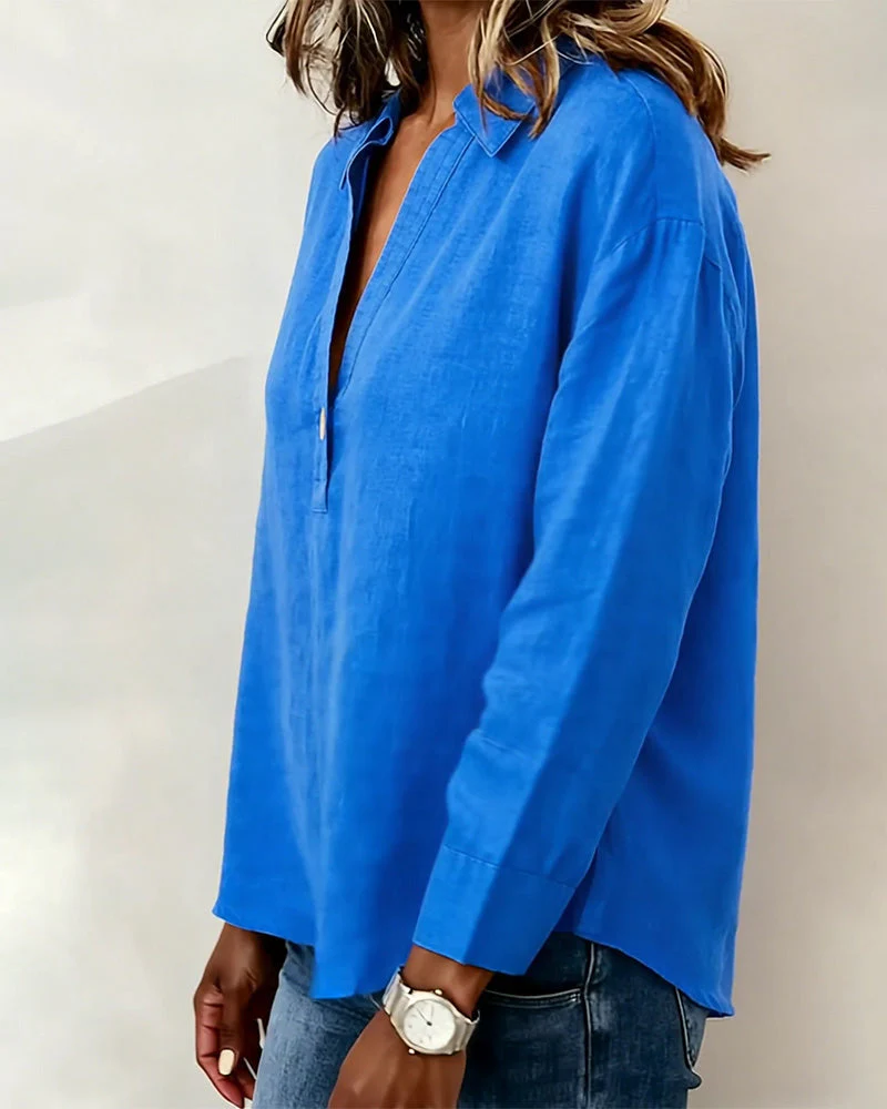 Long-Sleeved Solid-Color Button-Down Blouse - Image 4