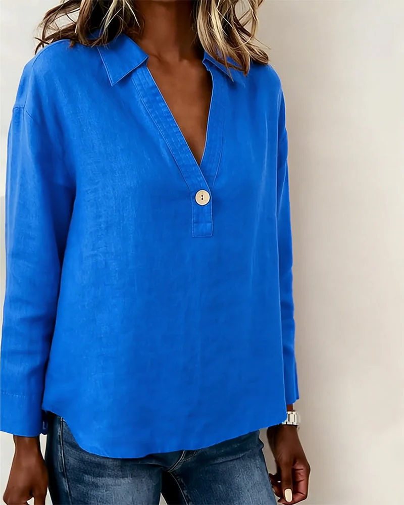 Long-Sleeved Solid-Color Button-Down Blouse - Image 5