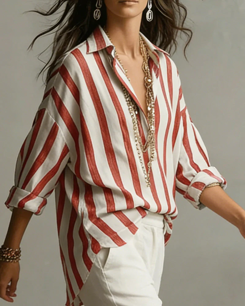 Long-Sleeved Striped Collared Blouse - Image 2