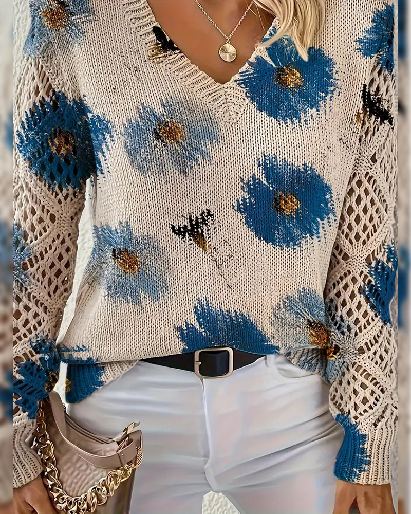 Long-Sleeved V-Neck Jacquard Sweater - Image 9