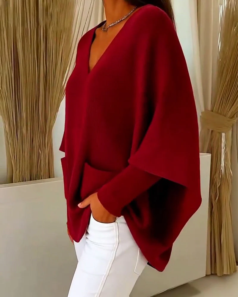 Long Sleeves With Pockets V-Neck Sweater - Image 4