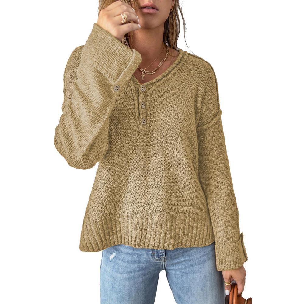 Loose Button Knitted Drop Shoulder Sweater Women - Image 13