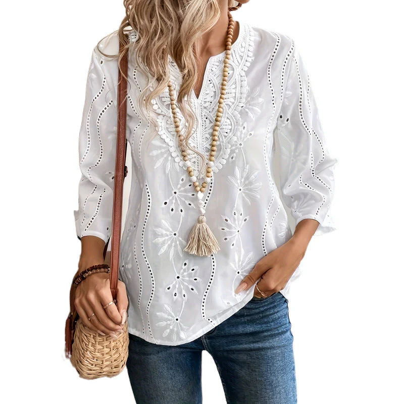 Loose Fit V-Neck Embroidered Top - Image 4